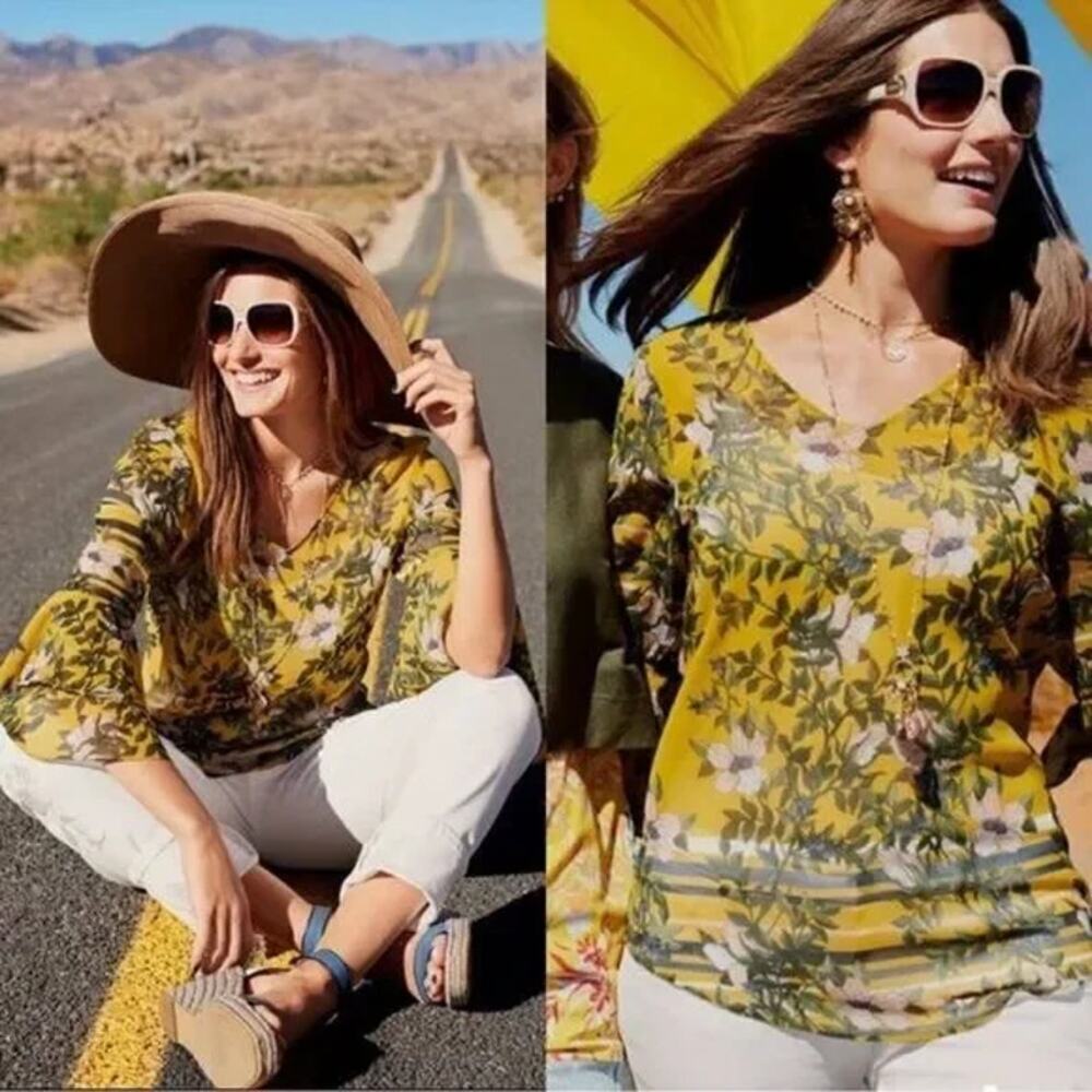 CABI "Scene" Sheer Chiffon Ruffle Bell Sleeve Floral Blouse (Yellow | Size S) - Picture 4 of 10
